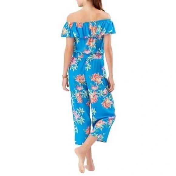 Tommy Bahama Cropped Romper Jumpsuit Sun Lilies Floral Azure Blue Ruffles M-L - Picture 4 of 12
